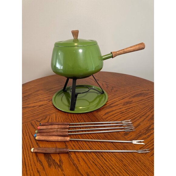 Vintage MCM Green Fondue Pot with Skewers Avocado Green - Picture 1 of 8